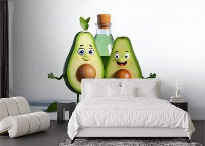 Avocado Essential Oil Extract with Fresh Avocado Fruits and Leaves on White Background Wall mural