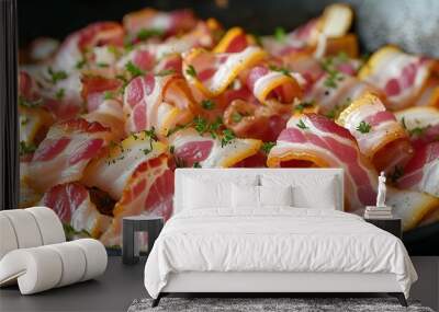 Bacon Slices Sizzling in a Pan with Juicy Fat and Crispy Edges Wall mural