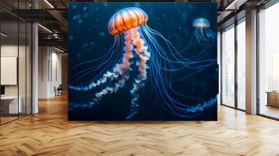 Bioluminescent Dance of Abstract Expressionism Beneath the Dark Waves of the Ocean Wall mural