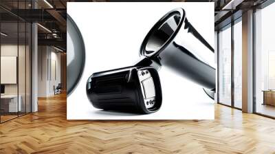 Black megaphone for effective communication and impactful announcements on a clean white background Wall mural