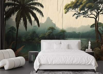 Boho-Inspired Rainforest Landscape Vintage Wallpaper on Light Brown Background Wall mural