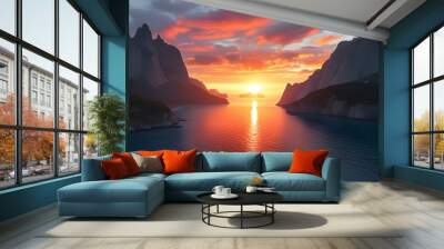 Breathtaking sunset over the ocean in Papudo, Chile, with stunning light reflections illuminating the serene waters Wall mural