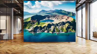 Breathtaking volcanic island emerging from clear blue waters with stunning crater views, showcasing natures beauty and geological wonders. Wall mural