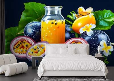 Bright tropical juices and fruits, paired with a green leaf background, show a fresh and natural feeling. Wall mural