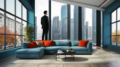 Businessman gazing at city skyscrapers from a contemporary office window Wall mural