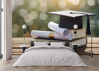 Cartoon Graduation Cap Balanced on Colorful Stack of Books Wall mural