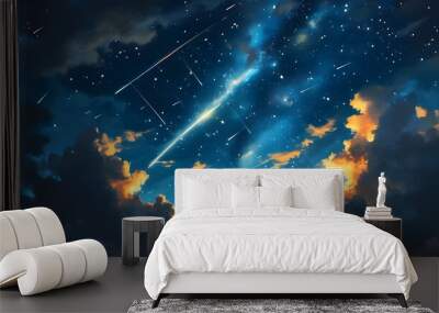 Celestial celebration under a starry night sky with streaking meteors, framed by dark clouds and a glowing horizon Wall mural