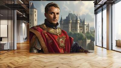 Charlemagne-inspired portrait of a man against the backdrop of a majestic French medieval castle Wall mural