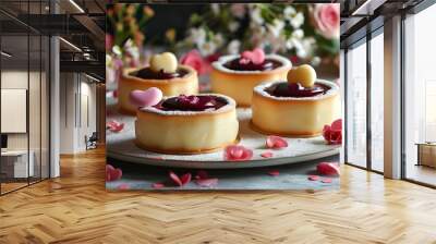 Charming bakery filled with delightful desserts, chefs showcasing creations amidst hearts and flowers, ideal for romantic inspirations Wall mural