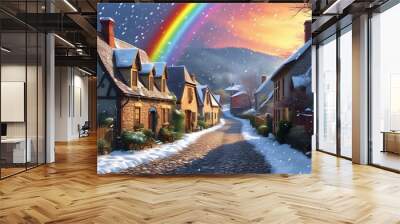 Charming cobblestone street in a quaint village adorned with lovely houses, a vibrant rainbow, and gentle snowfall above. Wall mural