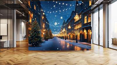 Charming European city street adorned with festive holiday decorations and twinkling lights amidst a gentle snowfall on Christmas Eve Wall mural