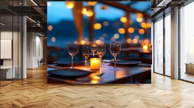 Charming evening restaurant ambience with illuminated tables and soft lighting creating a warm atmosphere Wall mural