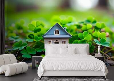 Charming house model nestled in vibrant green clover leaves, embodying the essence of home and real estate Wall mural