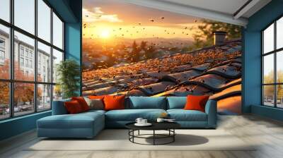 Charming sunset over terracotta rooftops alive with flying ants, capturing a picturesque and vibrant atmosphere Wall mural