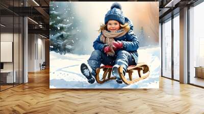 Charming watercolor winter scene of a young girl in cozy clothing joyfully sledding through snow, capturing the essence of childhood delight and seasonal adventures Wall mural