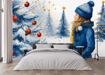 Charming winter watercolor scene featuring girl in blue coat and hat amidst snowy landscape with Christmas tree, evoking holiday spirit and festive celebration Wall mural