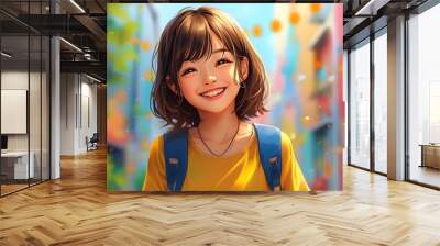 Cheerful anime girl portrait with colorful background, perfect for wallpaper, highlighting happiness and child development through vibrant art and animation Wall mural