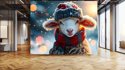 Cheerful snowman in wool hat and scarf amidst a snowy landscape, illuminated by sunlight and glowing bokeh lights, creating a festive winter holiday atmosphere Wall mural