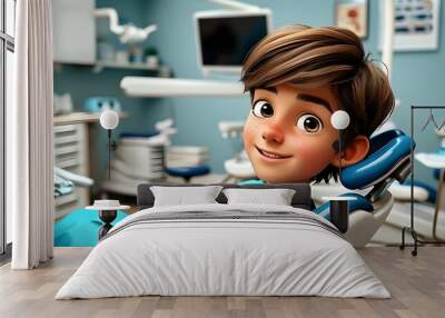 Cheerful teenage boy in a cartoon hospital, happily sitting in a dentists chair for a dental examination with a friendly specialist Wall mural