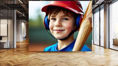 cheerful young baseball player in a red helmet and blue shirt confidently holding a bat and smiling at the camera Wall mural