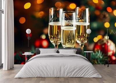 Cheers to Celebration: Festive Glasses of Champagne with Christmas Ornaments Against a Sparkling Bokeh Background Wall mural