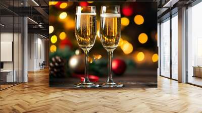 Cheers to Joy: Festive Champagne Toast with Christmas Ornaments against a Glittering Bokeh Background Wall mural