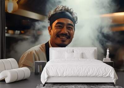 Chef joyfully cooking amidst a smoky kitchen, embodying passion and enthusiasm for culinary creativity. Wall mural