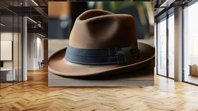 Chic brown fedora hat with a dark band, ideal accessory for fashionable ensembles and versatile enough for any style preference. Wall mural