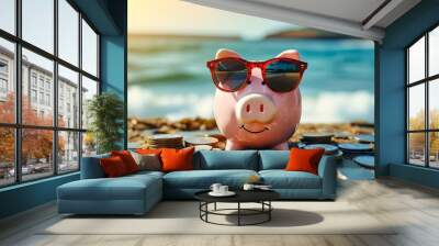 Chic piggy bank in sunglasses on the beach surrounded by coins, capturing the essence of saving for summer vacations and travel adventures Wall mural