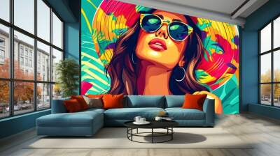 Chic summer vibes with a stylish woman in sunglasses and hat surrounded by tropical motifs and dynamic abstract patterns Wall mural