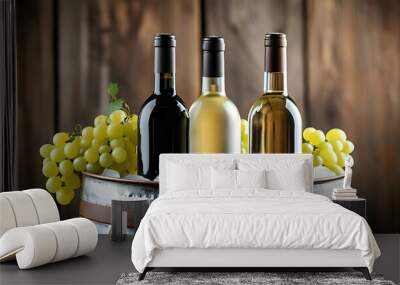 Chilled elegance of white wine bottles on ice in a metallic bucket against a rustic wooden backdrop Wall mural