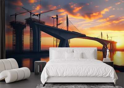 Cinematic sunset highlighting a modern bridge under construction with stunning architectural design Wall mural