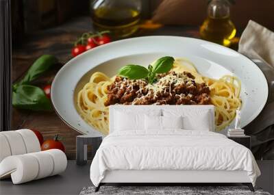 classic Italian spaghetti bolognese served on rustic table with warm ambiance Wall mural