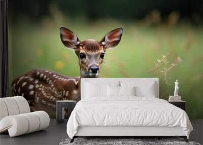 Close-up of a Fallow deer fawn gracefully standing amidst vibrant green grass Wall mural