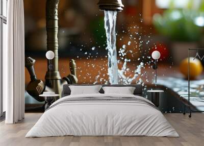 Close-up of sparkling water splash from kitchen tap with shallow depth of field Wall mural