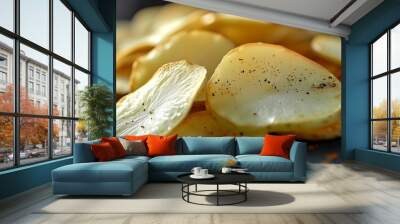 Close-up of thinly sliced potato showcasing vivid detail and natural lighting with an emphasis on rich textures Wall mural