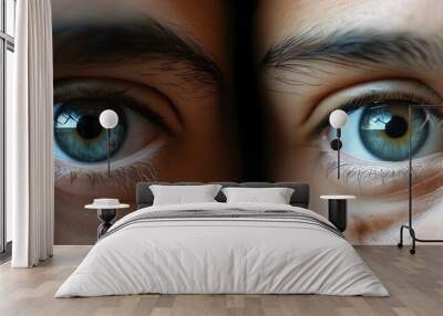 Close-up perspective of vibrant eye colors from two individuals side by side Wall mural