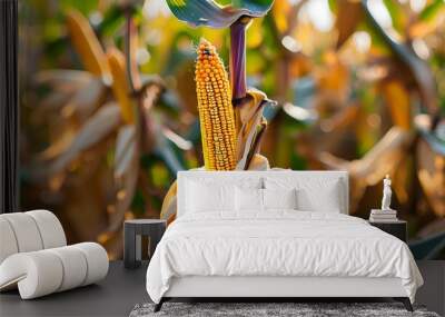 Close-up view of ripe yellow maize on the cob in a lush organic corn field with selective focus Wall mural