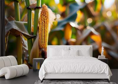 Close-up view of ripe yellow maize on the cob in a lush organic corn field with selective focus Wall mural