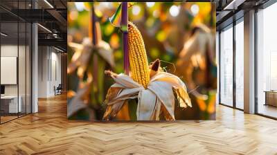 Close-up view of ripe yellow maize on the cob in a lush organic corn field with selective focus Wall mural