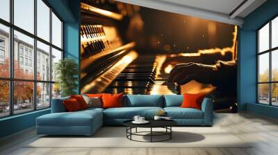 Closeup of hands playing piano keys with a soft glow, capturing the artistry and skill of jazz music in a studio setting, perfect for recording classic tunes. Wall mural