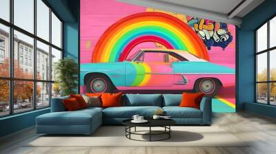 Colorful 1960s Pop-Inspired Funky Doodle Art Featuring Vintage Hearts and Rainbows Wall mural