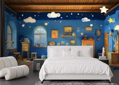 Colorful Cartoon Room Animation with Blue Clouds, Retro Wooden Floor, and Whimsical Toy Design, Perfect for Kids Scrapbook Travel Storytelling Wall mural