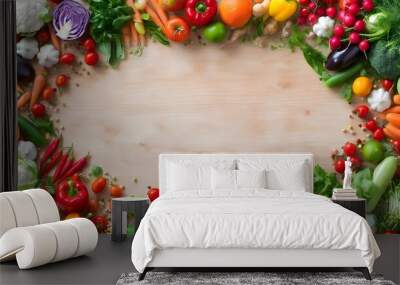 Colorful circular arrangement of fresh fruits and vegetables with empty center for text or product display Wall mural