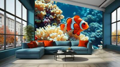 Colorful clownfish swimming amidst the vibrant corals of the Great Barrier Reef Wall mural