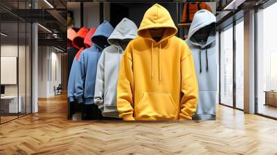 Colorful collection of hoodies and sweatshirts displayed in modern clothing boutique Wall mural