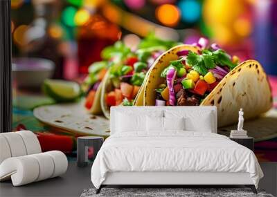 Colorful feast of tacos and burritos bursting with fresh ingredients set against a festive backdrop Wall mural