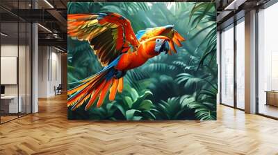 Colorful parrot gliding over a vibrant tropical rainforest Wall mural