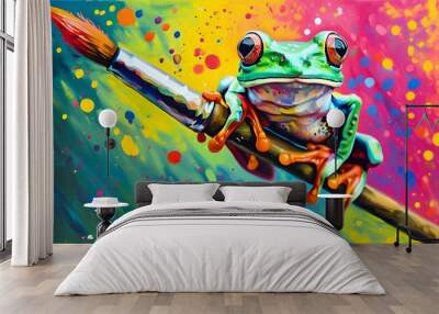 Colorful Tree Frog Perched on Paintbrush Amidst Vibrant Acrylic Splatter Wall mural