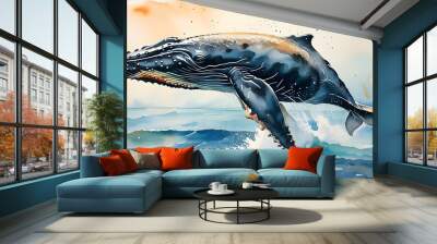 Colorful Watercolor Whale Surrounded by Ocean Waves Wall mural